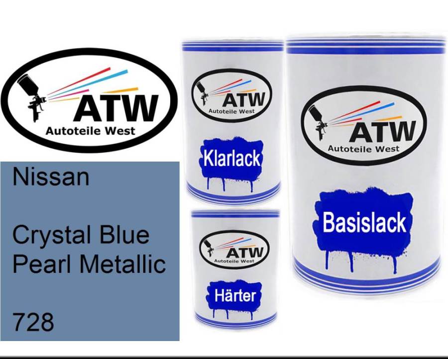 Nissan, Crystal Blue Pearl Metallic, 728: 500ml Lackdose + 500ml Klarlack + 250ml Härter - Set, von ATW Autoteile West.